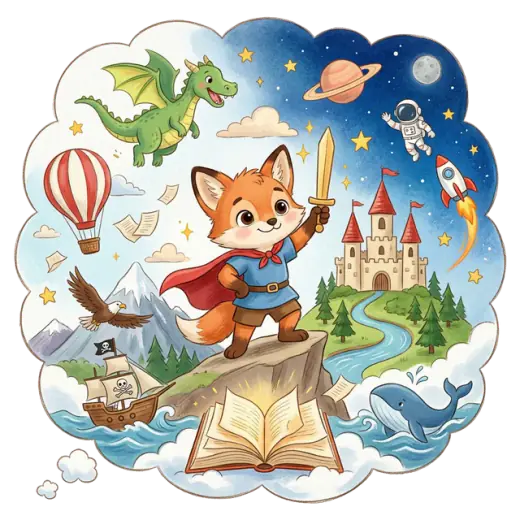 Illustrated story world of castles, dragons and rockets inside a thought bubble