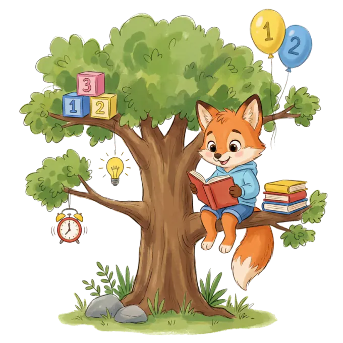 Fox mascot reading a book in a story tree with blocks, balloons and a pencil