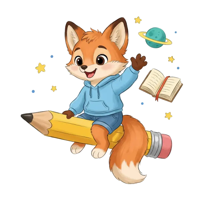 Fox mascot riding a giant pencil